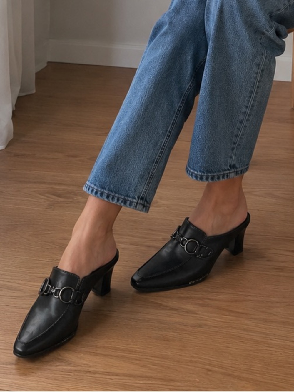 Black Horse-bit Heeled Mules